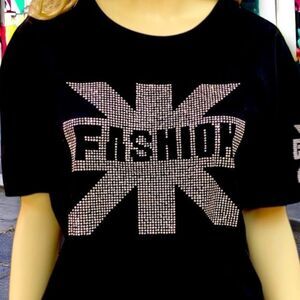 Black Diamond Studded Starburst Fashion Short Sleeve Tee T-Shirt NEW